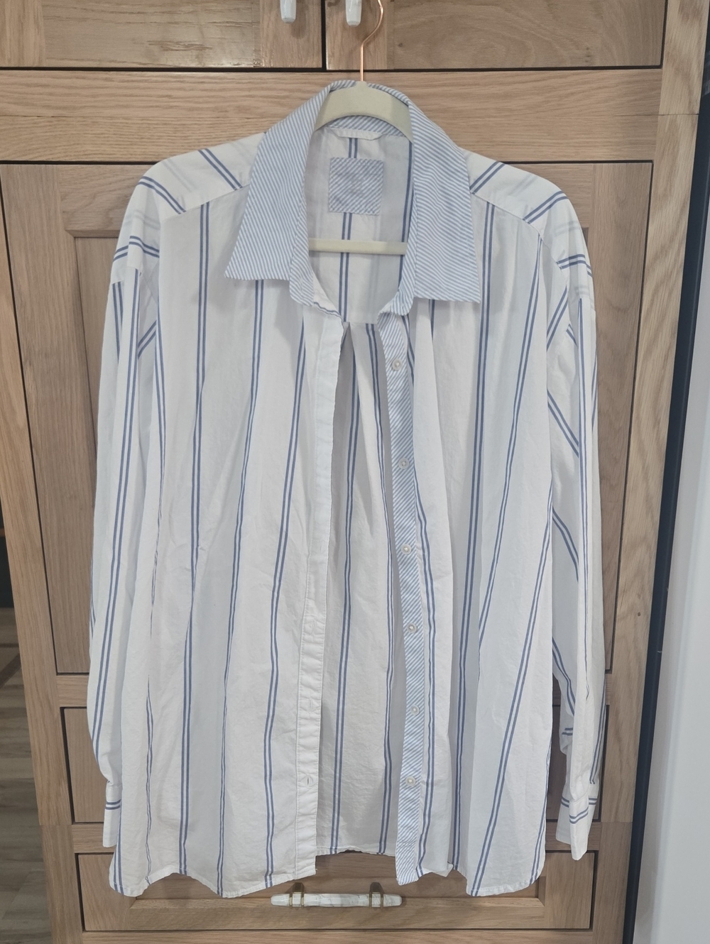 aerie White Shirt with Blue Vertical Stripes